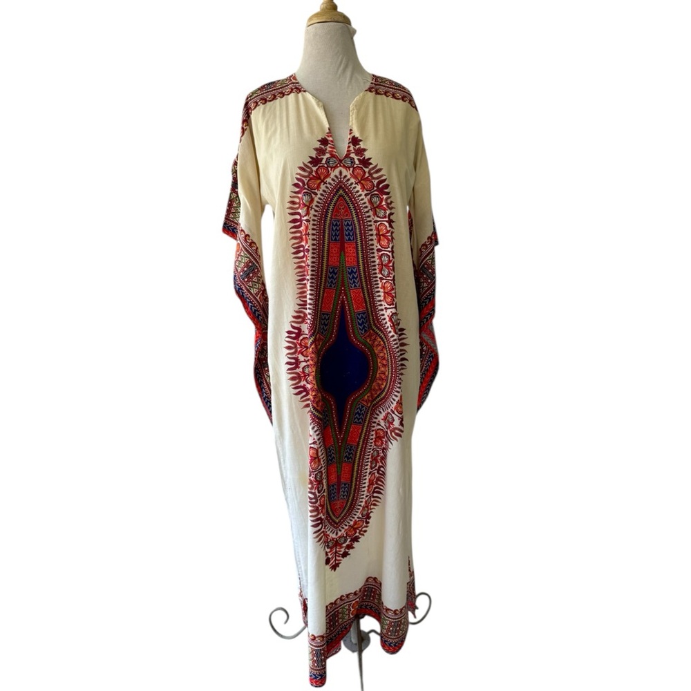 Vtg 70s Radlee Dashiki Caftan Cotton Maxi Dress Sz Med Angel Wing Sleeves Festi